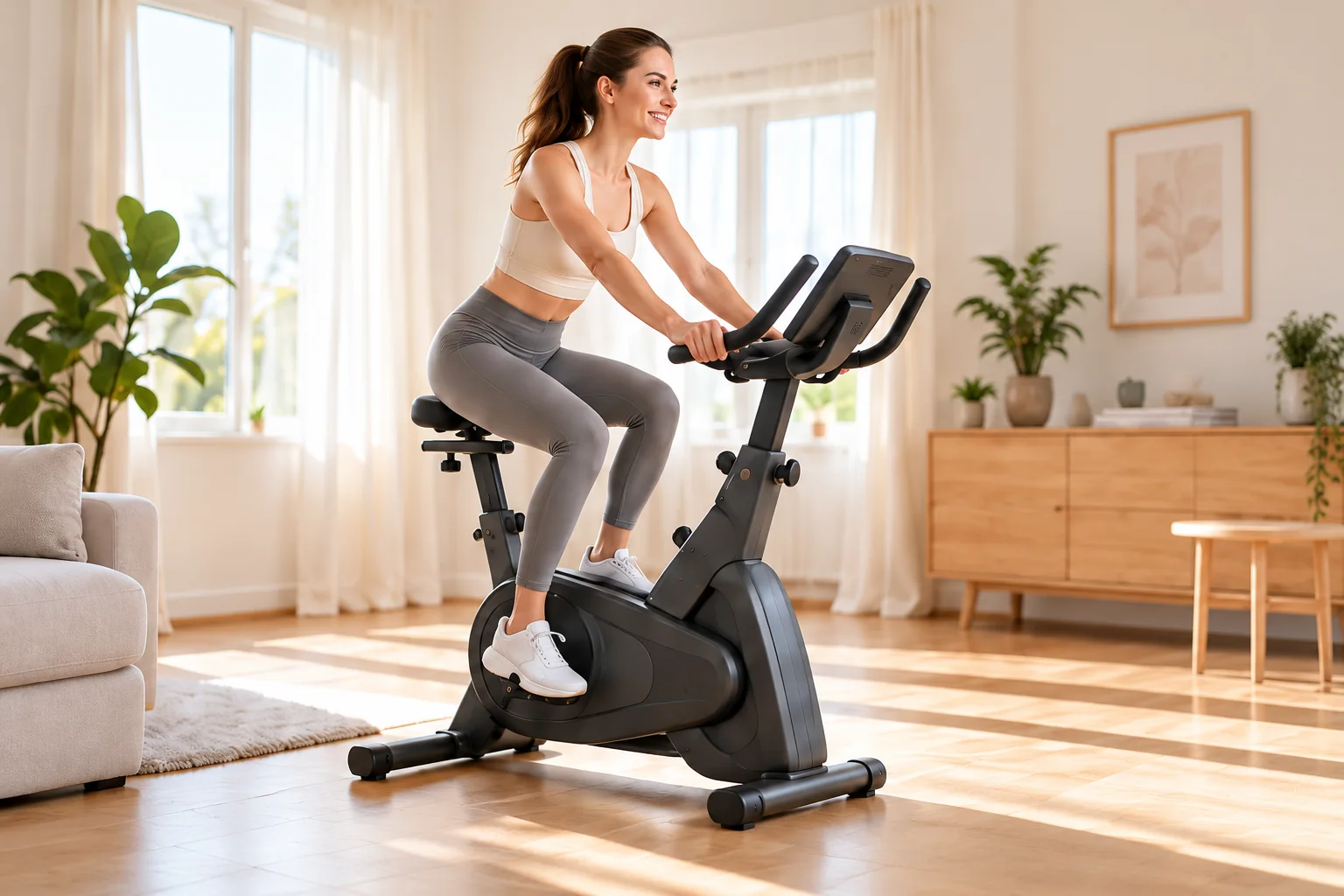 Trening na rowerze stacjonarnym w jasnym domowym salonie