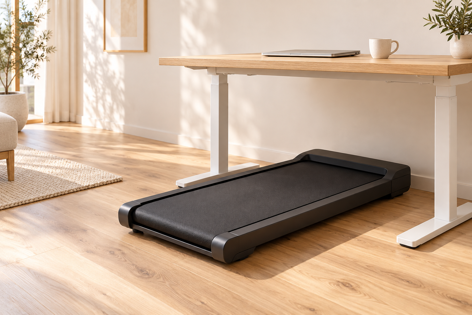 Walking pad pod biurkiem w domowym miejscu pracy